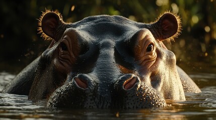 Fototapeta premium A close-up of a hippo's face, with its wet skin glistening in the sunlight as it surfaces from the water.