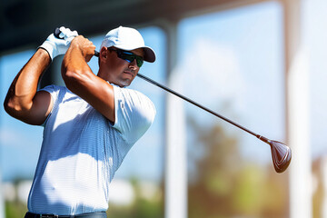 a golfer analyzing swing data on simulator screen, modern indoor facility