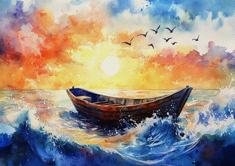 Watercolor paintings sea landscape, ship in the sea at sunset, boat on the sea