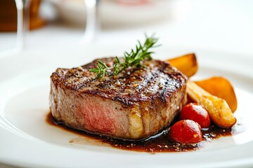 Steak in fine dining setting, a premium steak dish served in an upscale restaurant, surrounded by elegant table settings and sophisticated ambiance,