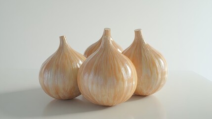 Obraz premium Four light beige, ceramic garlic-shaped objects are arranged close together.