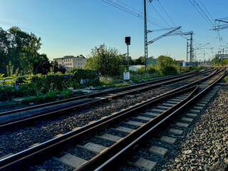 Fototapeta premium Frankfurt, Germany - July 29, 2024: Views of the Alte Niederräder Brücke railway bridge over the River Main in Frankfurt 