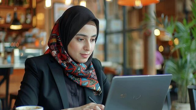 A woman wearing a hijab in a cafe is working on a laptop while enjoying a cup of hot coffee.