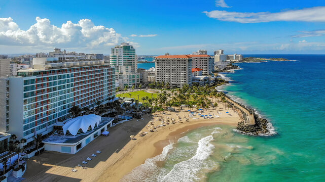 La Concha Resort on Condado Beach: Iconic Beachfront Hotel in San Juan, Puerto Rico. 
An aerial view of the hotel and west Condado Beach in San Juan, Puerto Rico.