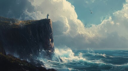 A coastal high cliff with a lighthouse perched on top, standing tall against the crashing waves.