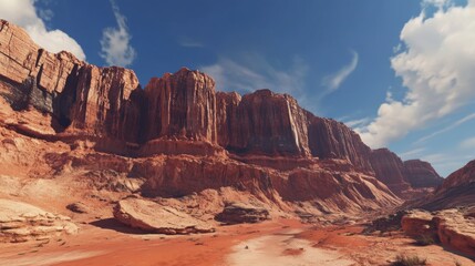 A dramatic high cliff formation in a desert landscape, with layered rock and red hues.