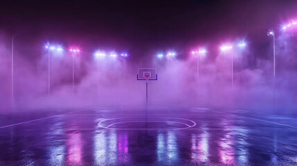 Basketball Court with Neon Lights and Fog  Nighttime Sports Background