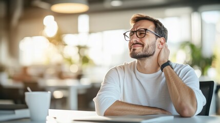 Obraz premium Young businessman is holding his neck in pain while sitting at his desk in the office. He is suffering from stiff muscles after working long hours on his computer