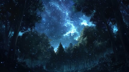 Obraz premium A forest clearing illuminated by the light of countless stars and the galaxy stretching across the sky.