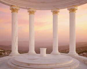Fototapeta premium Ethereal Marble Sanctuary Serene Sunset Temple with Gold Embellishments and Fluted Columns in Tranquil Landscape - Architectural Inspiration