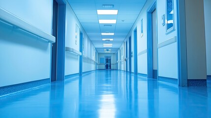 Fototapeta premium A long narrow empty corridor with closed doors along the walls. Apartments, wards or offices in a stylish modern building. Illustration for a cover, postcard, brochure or advertisement.