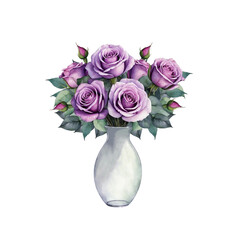 Purple rose bouquet with isolated background, Watercolor purple roses in glass vase with isolated background, Minimalist watercolor purple roses with isolated background.