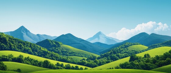 A serene landscape features rolling green hills and majestic mountains under a clear blue sky, creating a peaceful and tranquil atmosphere.