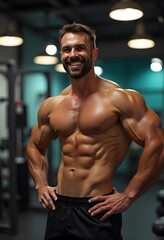 Fototapeta premium happy smiling european bodybuilder fitness studio