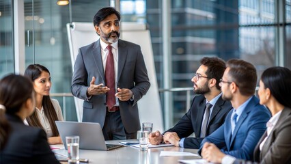 An Indian CEO presenting a strategic plan to a boardroom full of attentive colleagues.
