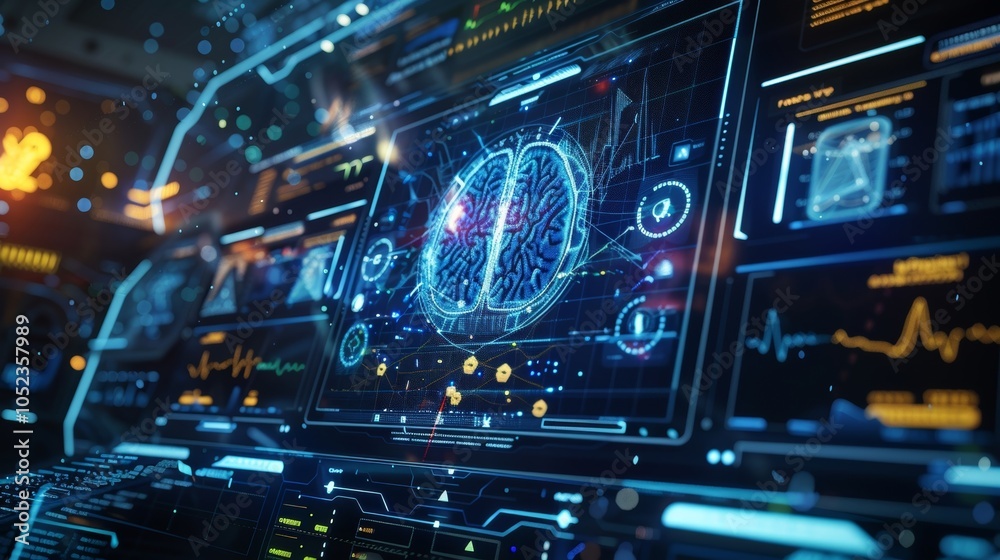 Poster complex technological interface displaying a holographic brain, surrounded by various data streams a