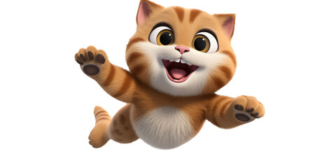 Obraz premium Cheerful animated orange tabby kitten joyfully jumping in mid-air with a playful expression.