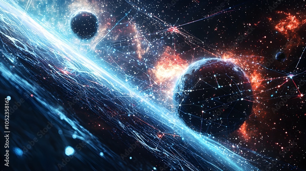 Poster quantum internet network connecting interstellar planets with streams of entangled light data transf
