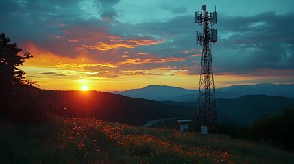 Telecommunication Towers Transmitting Wireless Signals at Dramatic Sunset Landscape