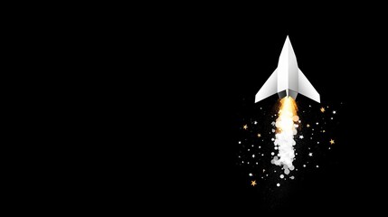 Fototapeta premium A paper airplane takes off into the night sky, leaving a trail of stars behind it. A bright white paper airplane soars through the dark, symbolizing dreams and ambition.