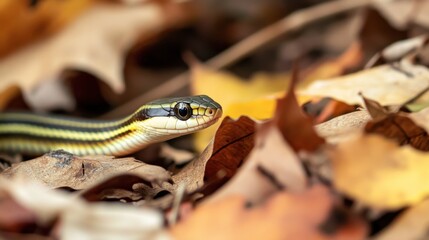 Fototapeta premium A garter snake emerging from a pile of leaves, its small, slender body and striped pattern clearly visible.