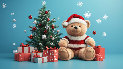 Christmas teddy bear wearing santa hat with christmas tree and gift box background