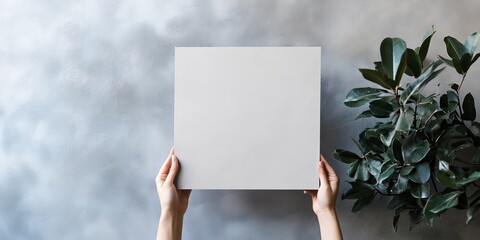 Minimalist mockup  woman s hands presenting a blank poster against a simple gray background for design banner