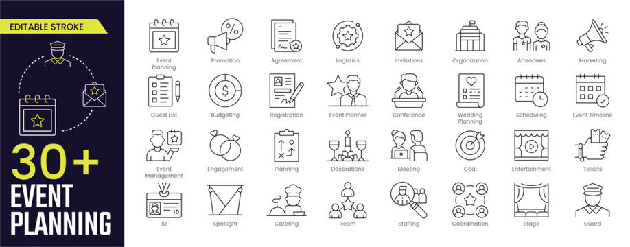 Event Planning Stroke icon collections. Containing Promotion, Agreement, Invitations, Attendees, Planning, Decorations, Tickets, and Event Management. Editable Stroke icon collection Outline icons