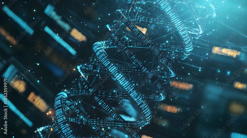 Poster futuristic dna data storage device compressing entire libraries into genetic code strands