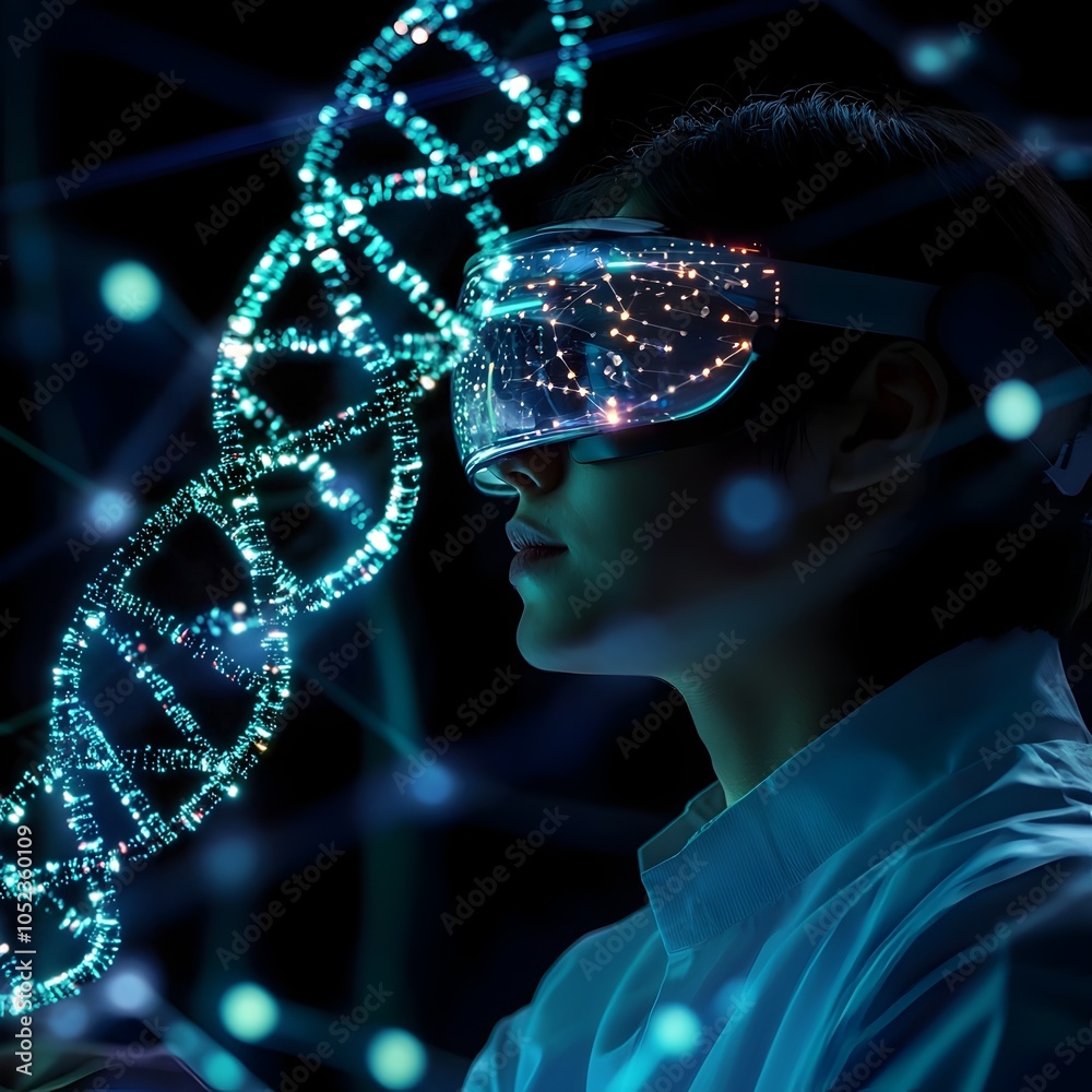 Poster scientist viewing augmented reality dna strand with visualized data files