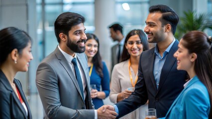 Indian professionals networking at a corporate event, showcasing relationship-building in management.
