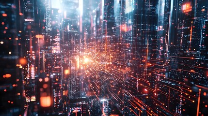 Fototapeta premium Futuristic Quantum Internet Visualized as Glowing Data Particles Transferring Across a Vibrant City Skyline