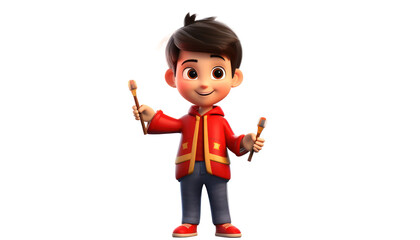 Fototapeta premium Cute animated boy character holding two brushes, wearing a red jacket and jeans.