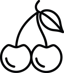 Simple line drawing of cherry pair with leaf, Minimalistic black and white line drawing of two cherries connected by stems with a single leaf, showcasing a clean design. Vector illustration of cherry