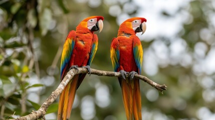 Obraz premium Pair of Scarlet Macaws Perched on a Branch