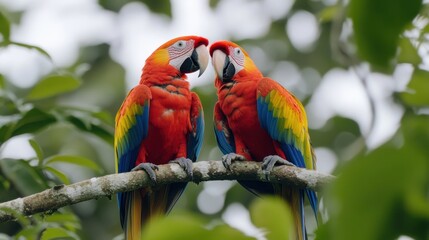 Obraz premium Scarlet Macaws Perched on a Branch in Nature