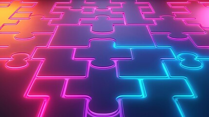 Puzzle pieces with glowing edges interlocking on a neoncolored background, futuristic and creative design concept ,3d illustration