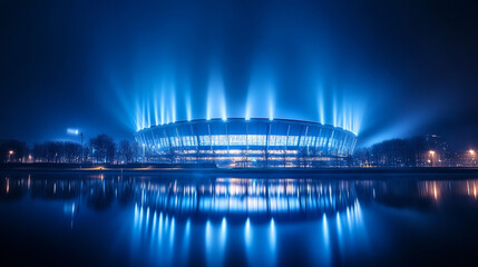 Illuminated Stadium at Night with Water Reflection