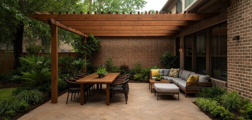 Fototapeta premium Serene Outdoor Living Wooden Pergola Dining Set in Earthy Backyard Oasis, Tranquil Patio Retreat