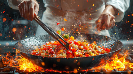 A chef expertly tosses vibrant vegetables over flames in a dynamic scene, showcasing culinary expertise in action.
