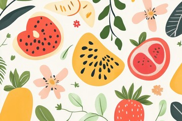 whimsical illustration of fruits with edible flowers. Cute cartoonish style, simple lines, pastel colors, friendly and inviting.