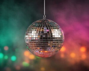 Obraz premium Shimmering Silver Disco Ball on Chain Against Colorful Blurred Background - Festive Dance Club Decor Concept
