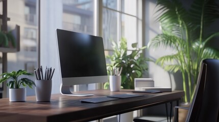 Fototapeta premium Modern gadgets in interior of coworking office during COVID-19 epidemic
