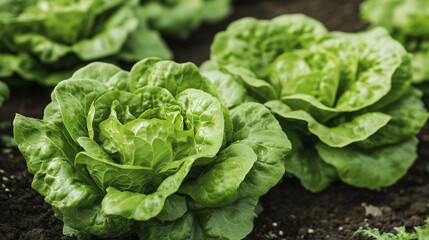 Obraz premium Fresh Green Lettuce Growing in Garden Soil Organic Vegetables Salad Greens Farm Fresh