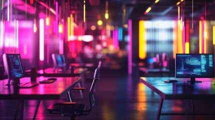 Modern neon cyberpunk open space office interior blurred with information technology overlay. Corporate strategy for finance, operations, marketing. Tables with computers for work. Technology