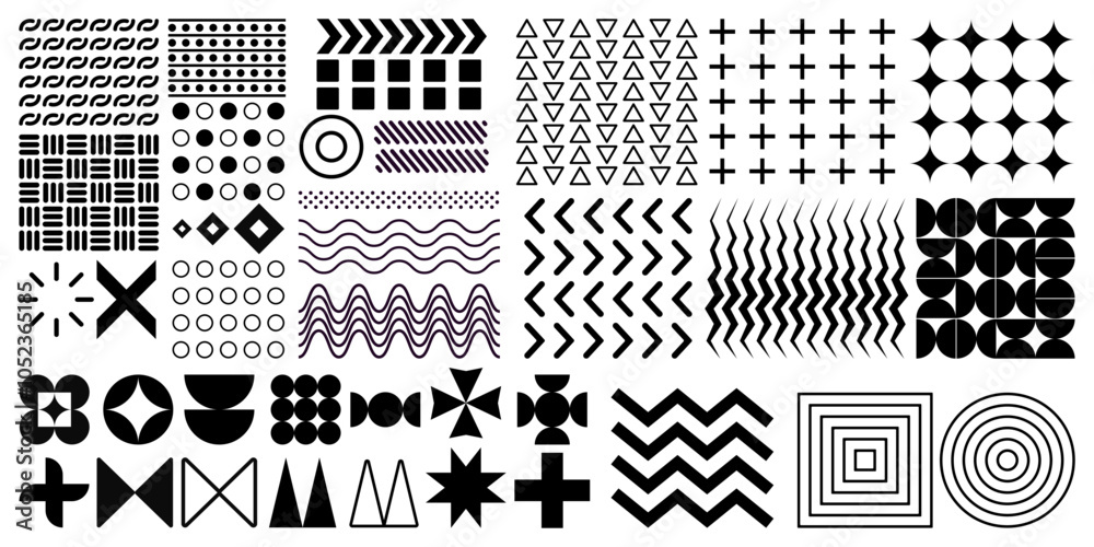 Poster Memphis shapes. Geometric graphic form. Black line pattern. Minimalist design. Flat circles and squares. Modern geometry flat frame. Trendy dot and silhouette cross. Vector elements set