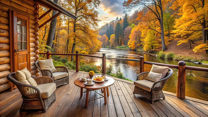 Fototapeta premium On the wooden terrace of a log house by the river, coffee and pastries are served on small tables with beige seat cushions. Autumn cozy landscape