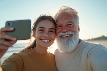 Obraz premium An elderly man with a white beard and a young woman joyfully take a selfie on the beach as the sun sets, showcasing a moment of happiness and cherished memories.