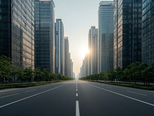 Fototapeta premium Urban Majesty Symmetrical View of Empty Road Leading to Sunlit Urban Skyline - Tranquil Modern Cityscape with Bright Sunbeam