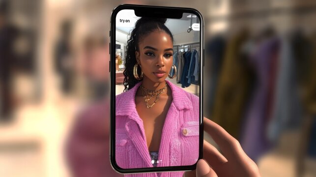 A hand holds a smartphone displaying a woman wearing a pink jacket. The woman is looking at the camera with a neutral expression.